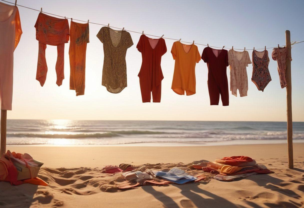 A thought-provoking scene showcasing a beach adorned with diverse swimwear styles hanging on a clothesline, while shadows of societal beauty standards loom over, depicted as ethereal figures. Include a warm summer sunset with melancholic hues, and scattered books highlighting the language of fashion scattered on the sand. The overall atmosphere should convey a mix of nostalgia and introspection. super-realistic. vibrant colors. soft focus.